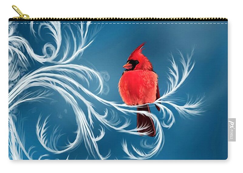 Bird Zip Pouch featuring the digital art Winter Cardinal by Norman Klein
