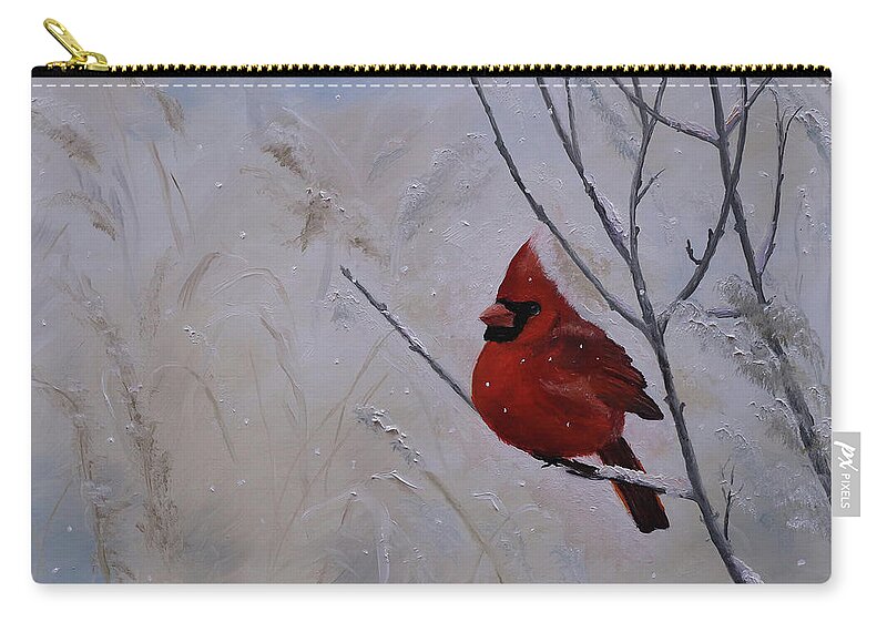 Cardinal Carry-all Pouch featuring the painting Winter Cardinal by Stephen Krieger
