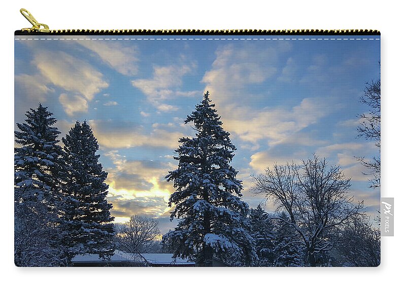 Dawn Zip Pouch featuring the photograph Winter Dawn Over Spruce Trees by Lynn Hansen