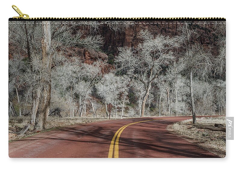 Zion National Park Zip Pouch featuring the photograph Winter Drive Through Zion Canyon by Greg Nyquist