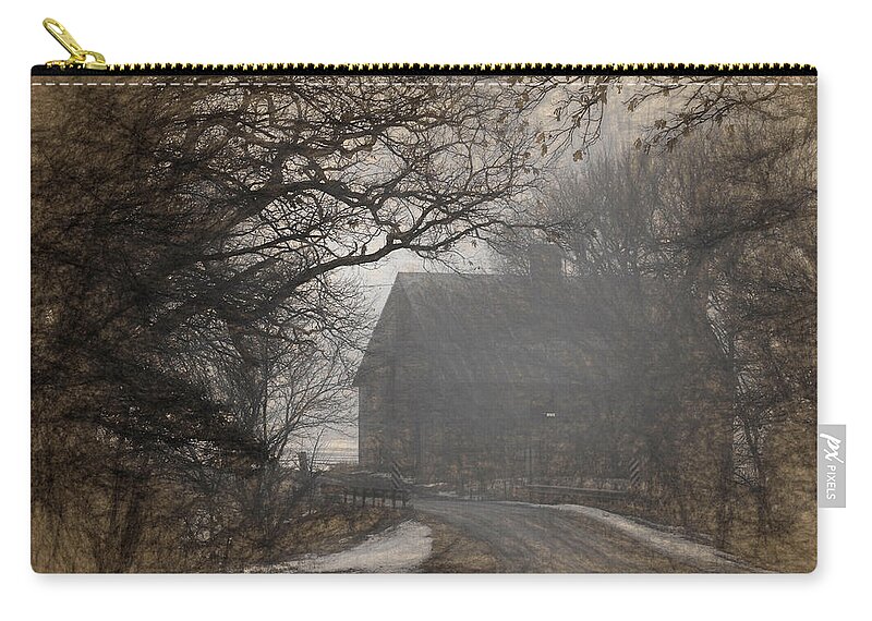 Barn Zip Pouch featuring the photograph Winter Foggy Countryside Road and Barn by Anna Louise