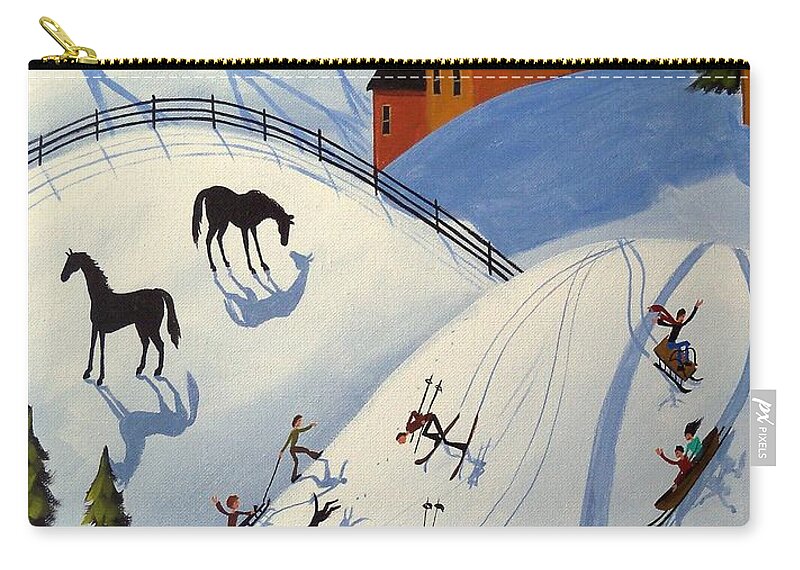 Folk Art Zip Pouch featuring the painting Winter Fun Day - folk art landscape by Debbie Criswell