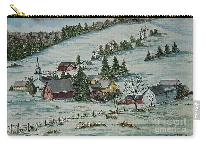 Winter Scene Paintings Zip Pouch featuring the painting Winter In East Chatham Vermont by Charlotte Blanchard