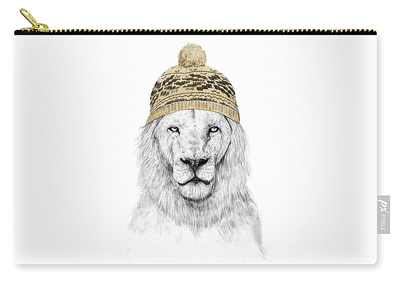 Lion Zip Pouch featuring the drawing Winter lion by Balazs Solti