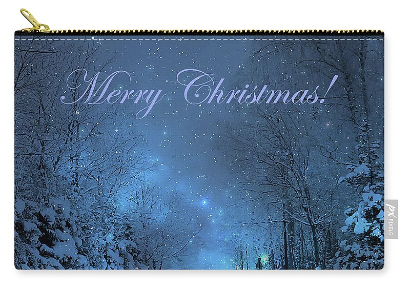Winter Zip Pouch featuring the mixed media Winter Landscape Blue Christmas Card by Johanna Hurmerinta