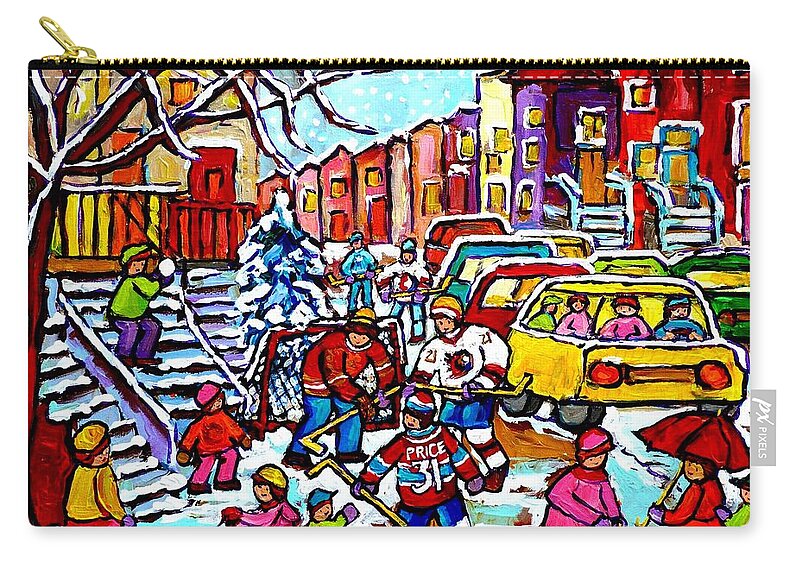 Montreal Zip Pouch featuring the painting Winter Playground Montreal Hockey Kids Street Hockey Street Scene Painting Carole Spandau by Carole Spandau