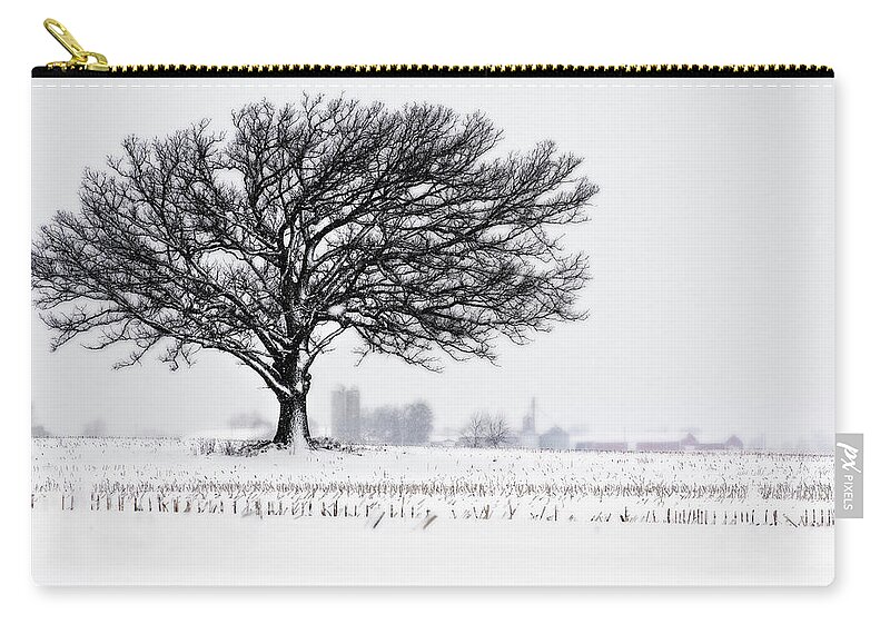 Oak Winter Snow Field Blizzard White Farm Rural Wi Wisconsin Stubble Stoughton Madison Silo Barn Bins Elevator Corn Zip Pouch featuring the photograph One Last Snowfall - Lone Oak in Snow and corn stubble near Stoughton WI by Peter Herman