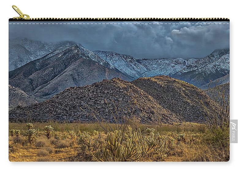Agua Caliente Zip Pouch featuring the photograph Winter Storm to the Desert Floor by Peter Tellone