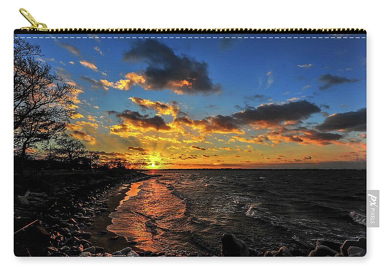 Landscape Zip Pouch featuring the photograph Winter sunset on a Chesapeake Bay beach by Patrick Wolf
