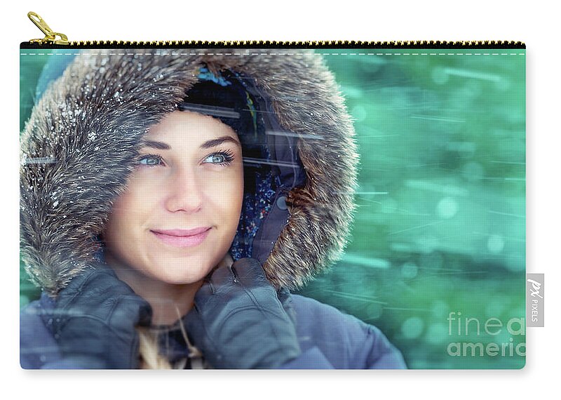 Adult Zip Pouch featuring the photograph Winter woman portrait by Anna Om