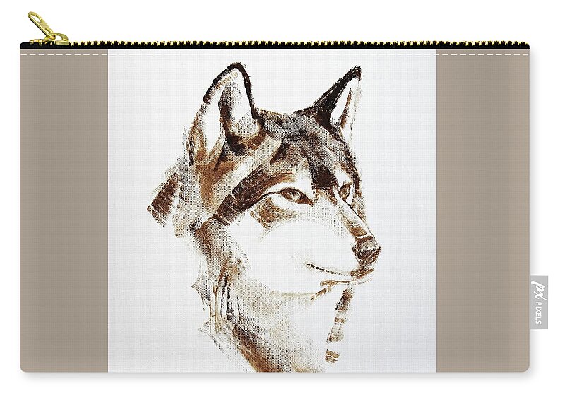 Wolf Zip Pouch featuring the painting Wolf Head Brush Drawing by Attila Meszlenyi