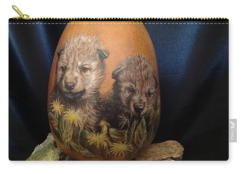 Gourd Zip Pouch featuring the mixed media Wolf Pups #GO74 by Barbara Prestridge