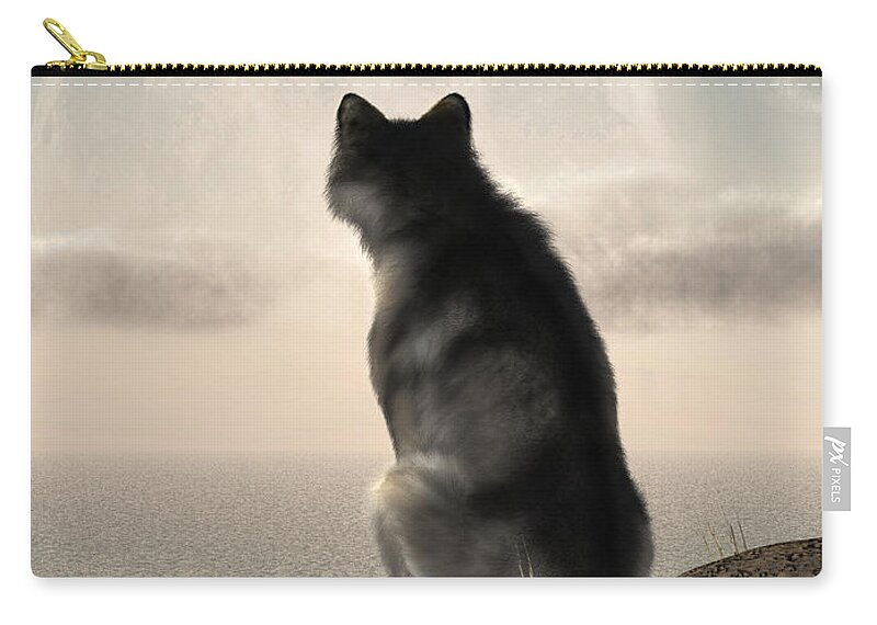 Wolf Watching The Moonrise Zip Pouch featuring the digital art Wolf Watching The Moonrise by Daniel Eskridge