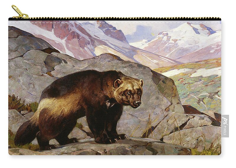 Wolverine Zip Pouch featuring the painting Wolverine in a Rocky Mountain Landscape, Alberta by Rungius Carl