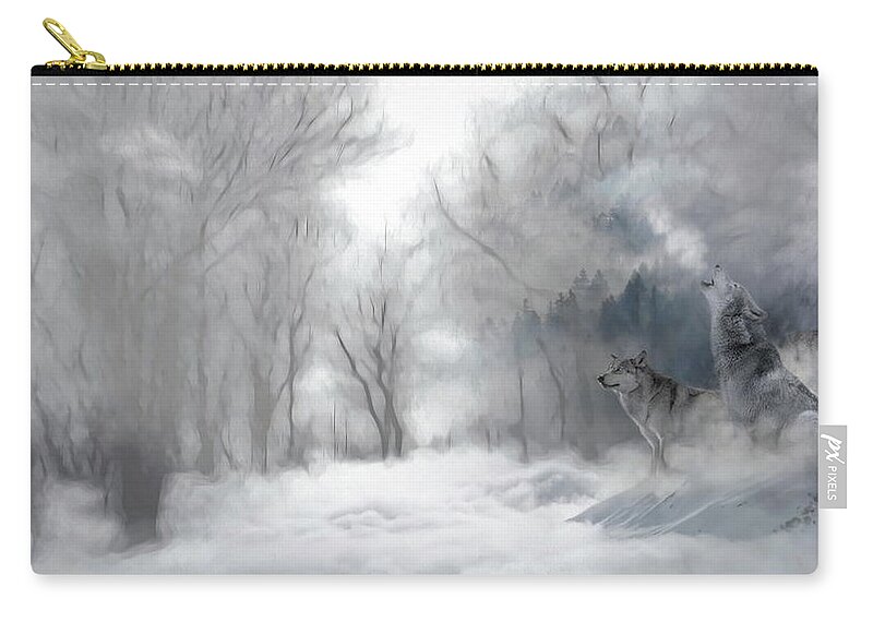 Wolf Zip Pouch featuring the photograph Wolves in the Mist by Andrea Kollo