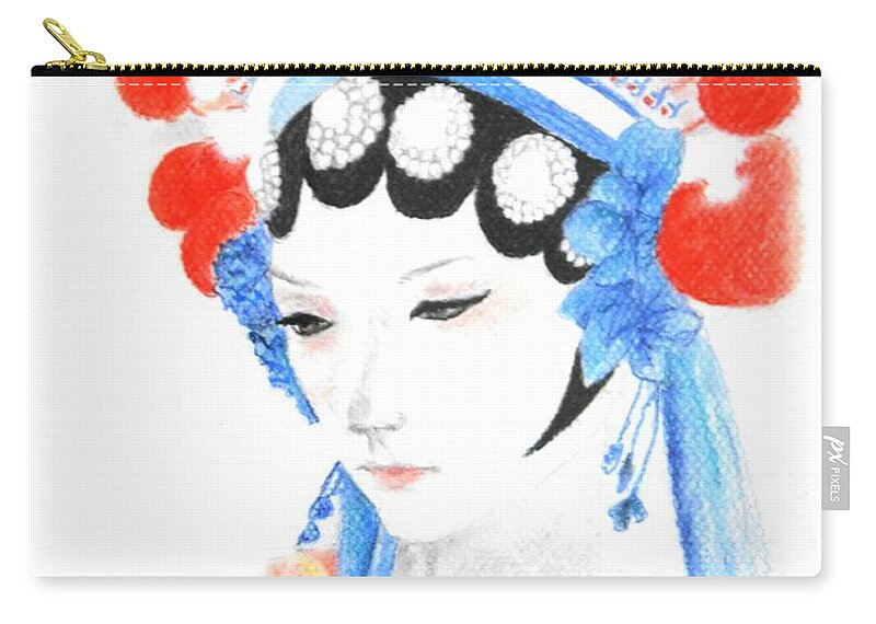 Chinese Zip Pouch featuring the drawing Woman from Chinese Opera with Tattoos -- the original -- Asian Woman Portrait by Jayne Somogy