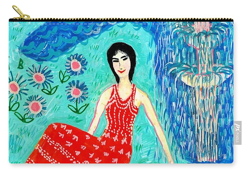 Sue Burgess Zip Pouch featuring the painting Woman Reading beside Fountain by Sushila Burgess