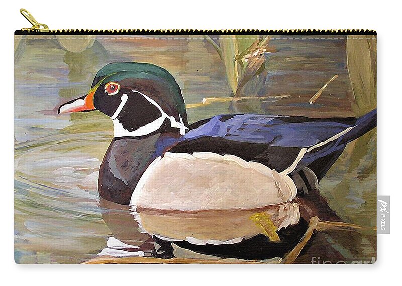 Landscape Zip Pouch featuring the painting Wood Duck on Pond by Laurie Rohner