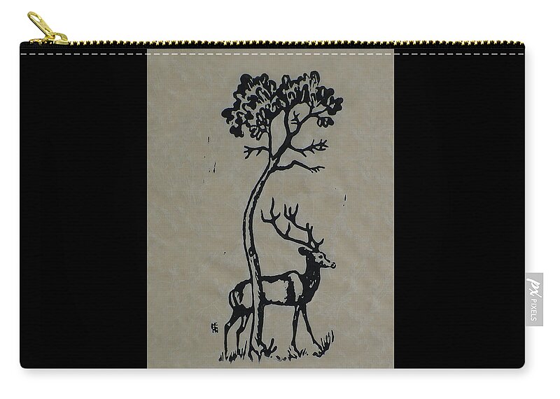 Woodcut Zip Pouch featuring the mixed media Woodcut Deer by Shirley Heyn