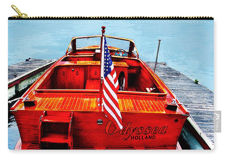 Wooden Motorboat Zip Pouch featuring the photograph Wooden Motorboat by Susan Vineyard