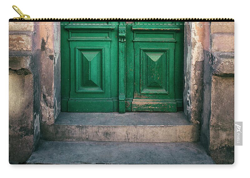 Gate Zip Pouch featuring the photograph Wooden ornamented gate in green color by Jaroslaw Blaminsky