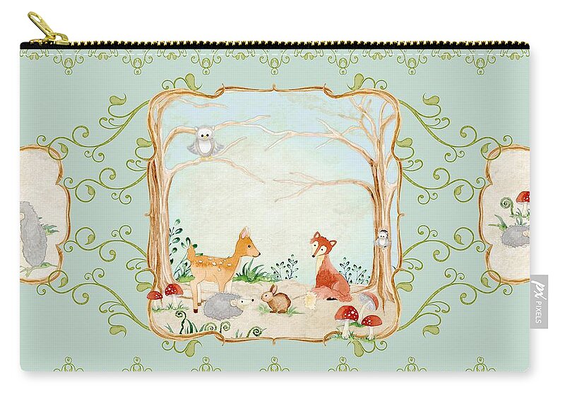 Wood Carry-all Pouch featuring the painting Woodland Fairy Tale - Aqua Blue Forest Gathering of Woodland Animals by Audrey Jeanne Roberts