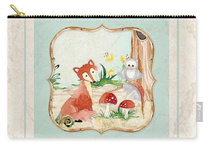 Red Fox Zip Pouch featuring the painting Woodland Fairy Tale - Fox Owl Mushroom Forest by Audrey Jeanne Roberts