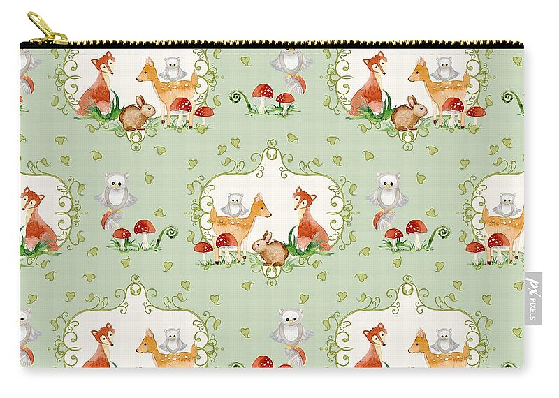 Trendy Carry-all Pouch featuring the painting Woodland Fairy Tale - Mint Green Sweet Animals Fox Deer Rabbit owl - Half Drop Repeat by Audrey Jeanne Roberts