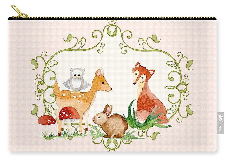 Woodland Carry-all Pouch featuring the painting Woodland Fairytale - Animals Deer Owl Fox Bunny n Mushrooms by Audrey Jeanne Roberts