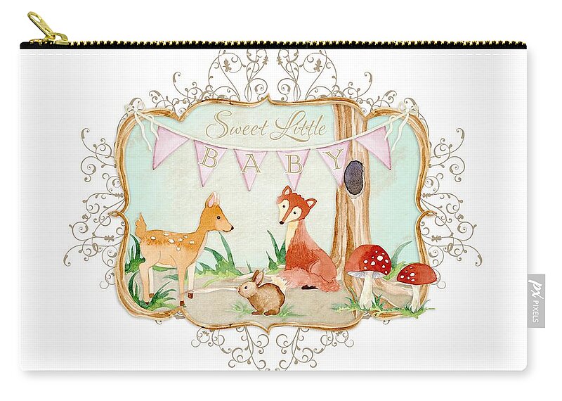 Banner Zip Pouch featuring the painting Woodland Fairytale - Banner Sweet Little Baby by Audrey Jeanne Roberts
