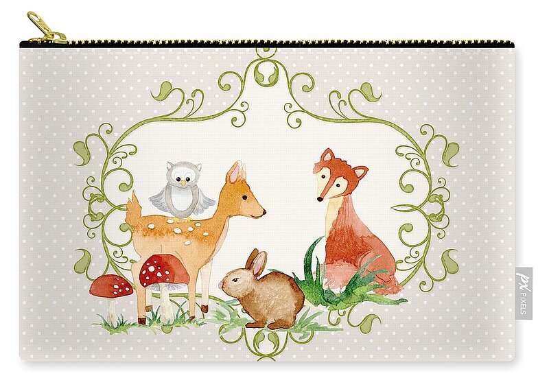 Grey Carry-all Pouch featuring the painting Woodland Fairytale - Grey Animals Deer Owl Fox Bunny n Mushrooms by Audrey Jeanne Roberts