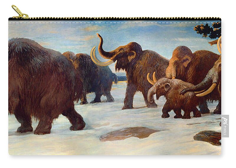 Painting Zip Pouch featuring the painting Wooly Mammoths Near The Somme River by Mountain Dreams