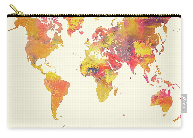 Map Of The World Zip Pouch featuring the digital art World Map Pastel Orange by Justyna Jaszke JBJart
