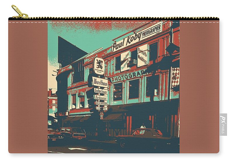 Harvard Sq Zip Pouch featuring the digital art Wursthause by Steve Glines