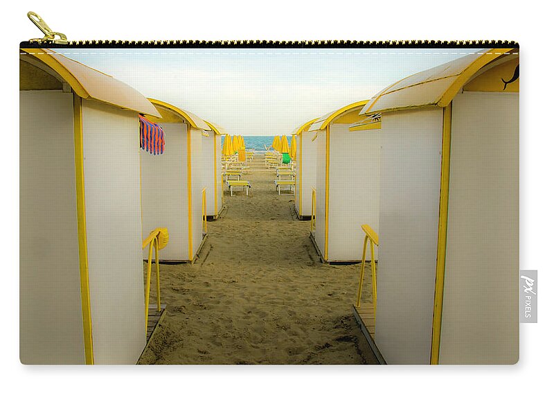Beach Zip Pouch featuring the photograph Yellow Beach Cabanas by Wolfgang Stocker