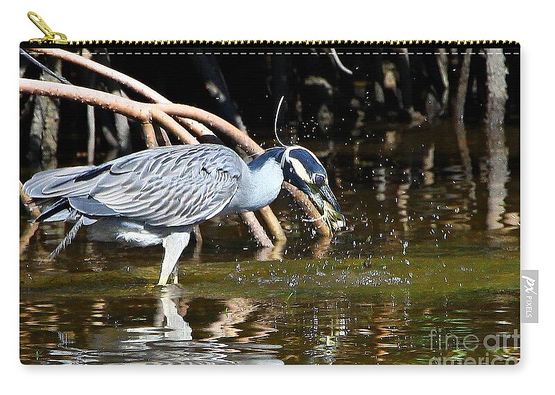 Yellow-crowned Night Heron Zip Pouch featuring the photograph Yellow Crowned Night Heron catches a Crab by Barbara Bowen