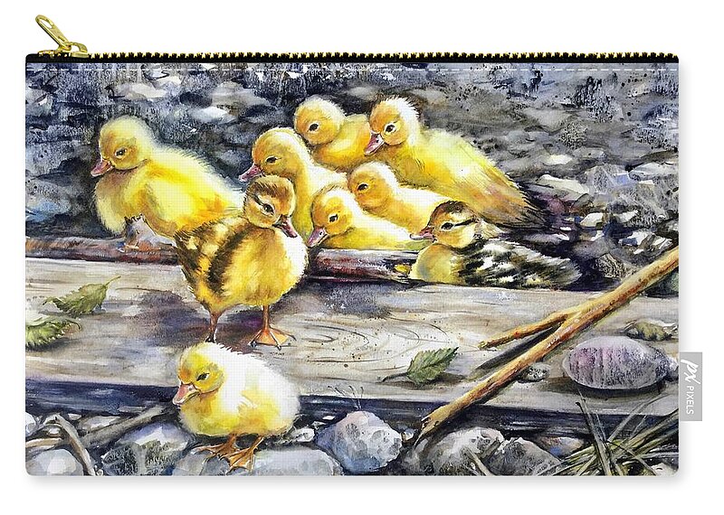 Ducklings Zip Pouch featuring the painting Yellow happiness by Katerina Kovatcheva