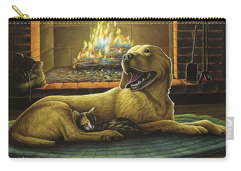 Yellow Lab Zip Pouch featuring the painting Yellow Lab with Kitten by Anthony J Padgett