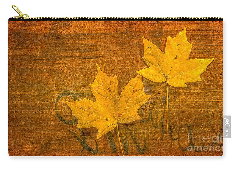 Yellow Leaves On Wood Still Life Zip Pouch featuring the photograph Yellow Leaves on Wood Still Life by Randy Steele