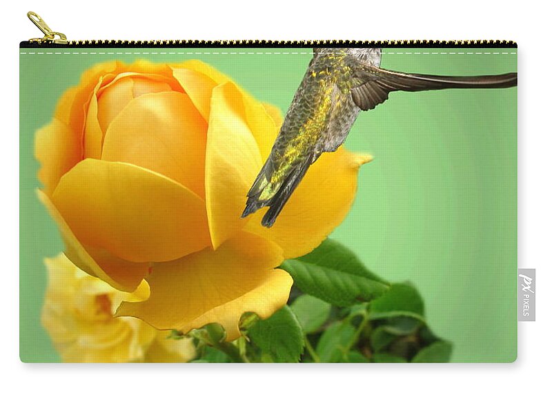 Bird Zip Pouch featuring the photograph Yellow Rose and Hummingbird 2 by Joyce Dickens