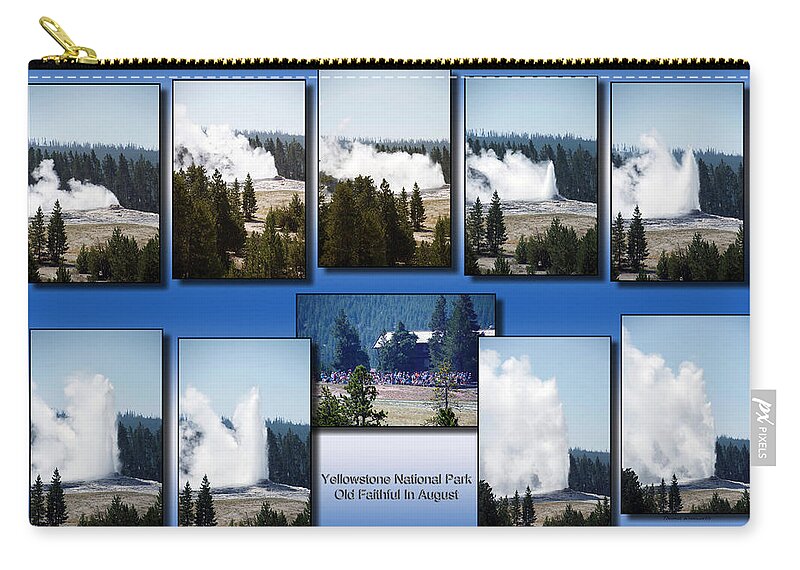 Old Faithful Zip Pouch featuring the photograph Yellowstone Park Old Faithful In August Vertical Collage by Thomas Woolworth