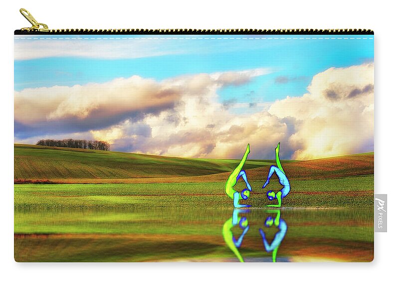 Landscape; Sunlight; Photography; Composite; Painting; Watercolor; Figures; Water; Pond; Reflection; Clouds; Fields; Fees; Blue Skies; Sky; Yoga; Yin Yang; Beautiful; Zen; Balance; Blues; Greens; Yellows; White Zip Pouch featuring the photograph Yoga Reflecting Waters by Dee Browning