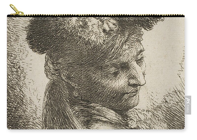 17th Century Art Zip Pouch featuring the relief Young man facing three quaters right wearing a fur headdress with a plume, jewel and a headband by Giovanni Benedetto Castiglione