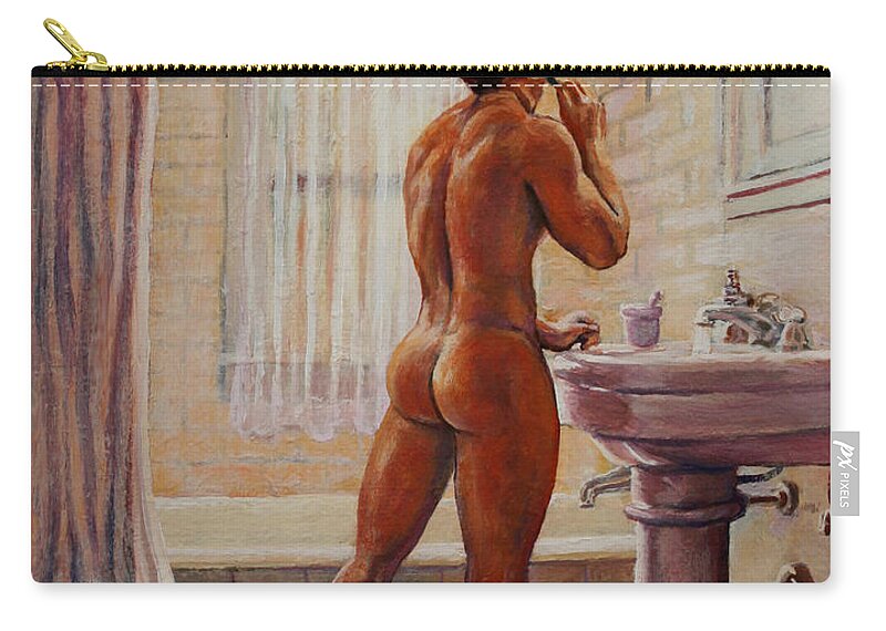 Bathroom Zip Pouch featuring the painting Young Man Shaving by Marc DeBauch