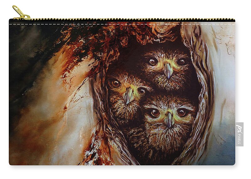 Owl Zip Pouch featuring the painting Young Owls by Gull G