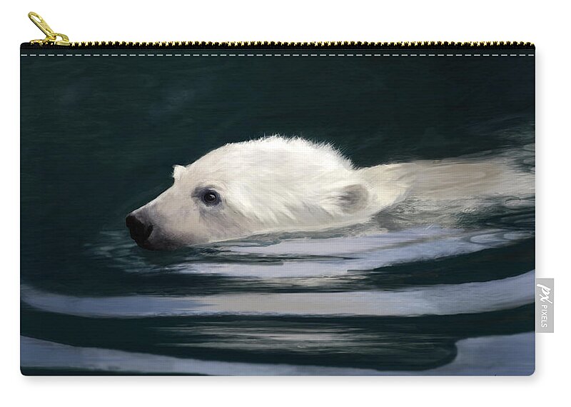 Polar Bear Zip Pouch featuring the digital art Young Polar Bear Swimming by Angela Murdock