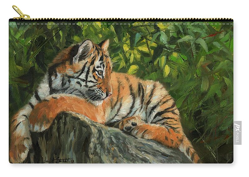 Tiger Zip Pouch featuring the painting Young Tiger Resting On Rock by David Stribbling