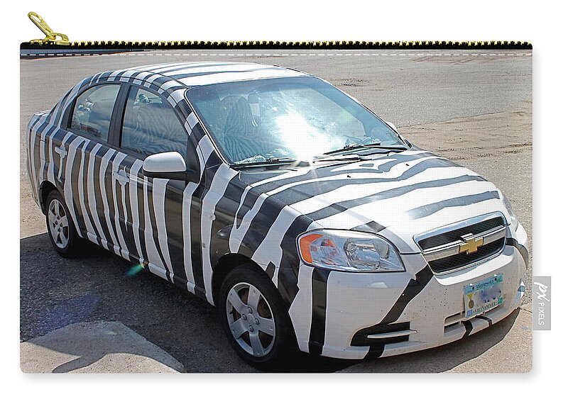 Cars Zip Pouch featuring the photograph Zebra Car Front by Wayne Williams