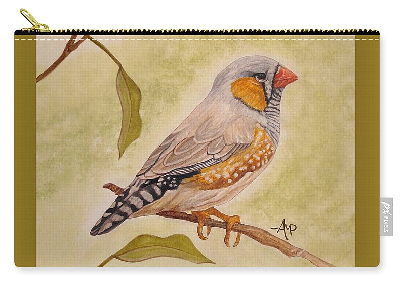 Zebra Finch Zip Pouch featuring the painting Zebra Finch Watercolor by Angeles M Pomata