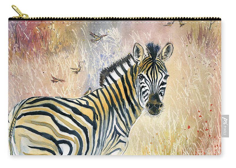 Zebra Zip Pouch featuring the painting Zebra in Rainbow Savanna by Melly Terpening